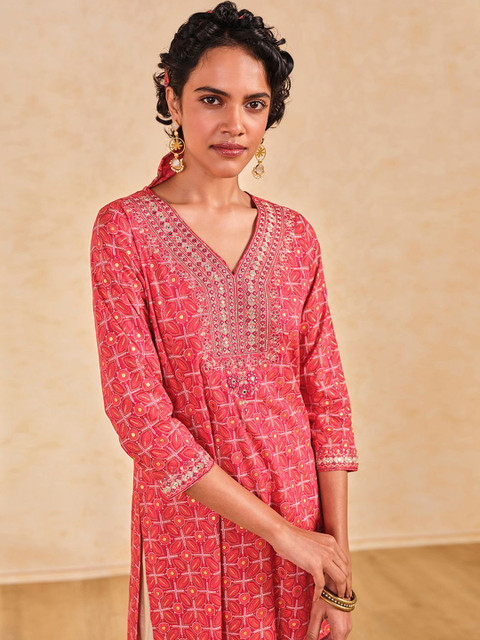 Global Desi Floral Printed Mirror Work Straight Kurta - Image 7