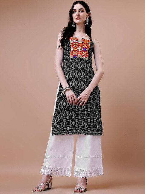 KALINI Floral Printed Shoulder Straps Thread Work Straight Kurta