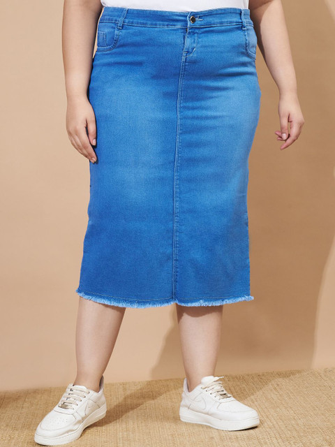 Purple Feather Denim Pencil Midi Skirt