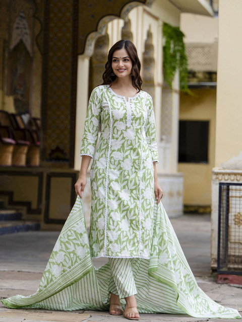 Anouk Floral Embroidered Regular Pure Cotton Straight Kurta with Trouser & Dupatta