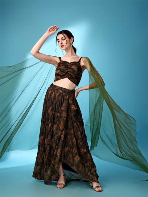 PURVAJA Printed Ready to Wear Lehenga & Unstitched Blouse With Attached Dupatta