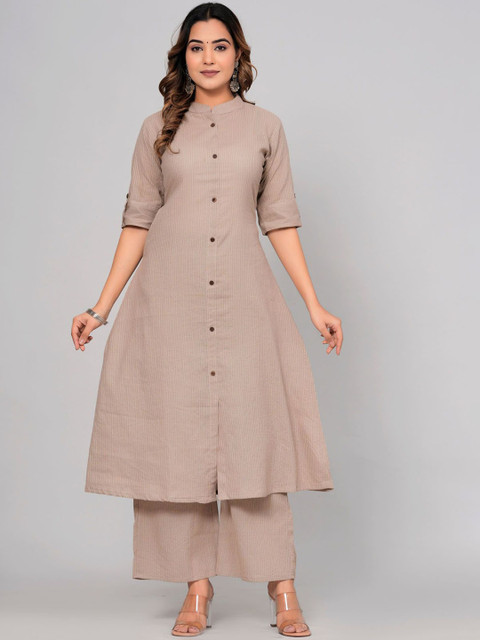 Angvarnika Striped Embroidered Mandarin Collar Kantha Work Pure Cotton Kurta With Palazzos