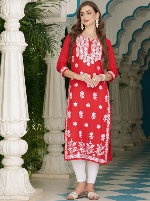 GoSriKi Floral Embroidered Chikankari Notch Neck Straight Kurta