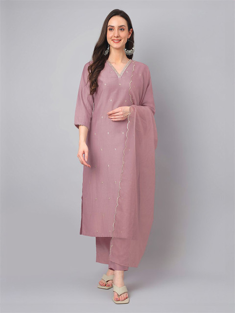 Janasya Floral Embroidered Regular Thread Work Straight Kurta with Trousers & Dupatta