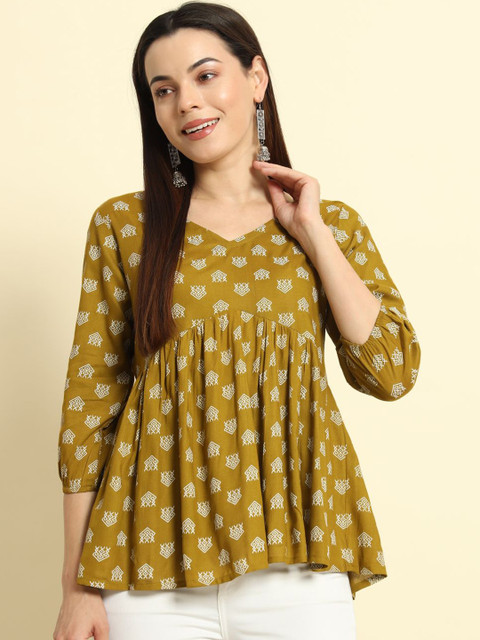 Sa Rasa Geometric Printed V-Neck Peplum Top