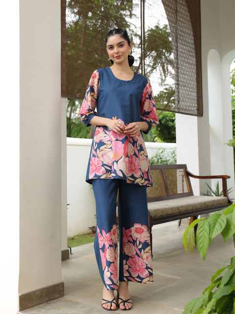 JISORA Blue Floral Printed Pure Cotton Tunic With Trousers