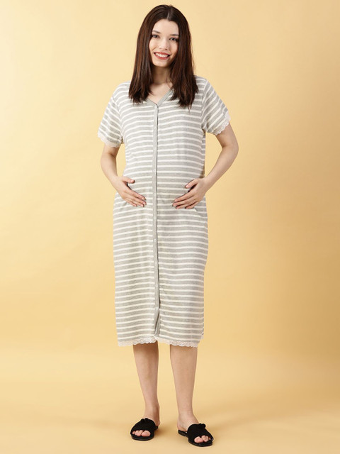 PURPLE FLAUNT Striped Front Open Maternity Nightdress