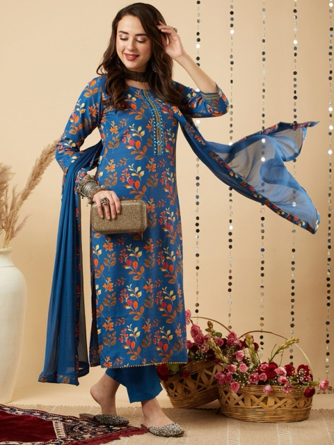 TRAHIMAM Floral Printed Regular Mirror Work Kurta With Trousers & Dupatta