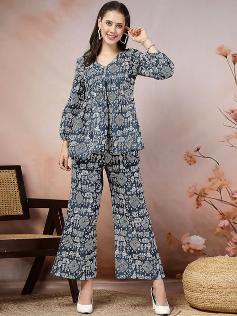 Stylum Teal Blue Printed Top With Trousers