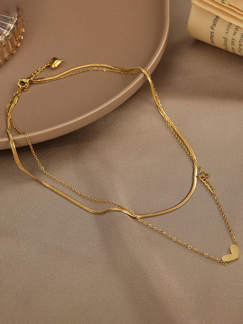 MYKI Gold-Plated Stainless Steel Double Layered Heart and Love Necklace