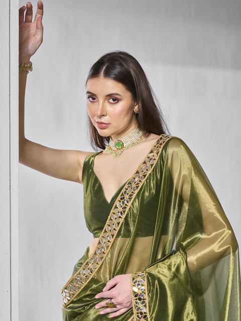Mitera Mirror Work Organza Saree - Image 5