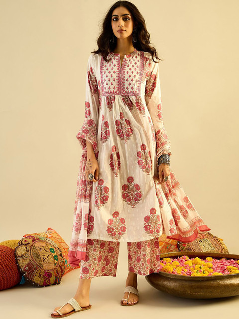 Indo Era Ethnic Motifs Embroidered Anarkali Pure Cotton Kurta with Palazzos & With Dupatta