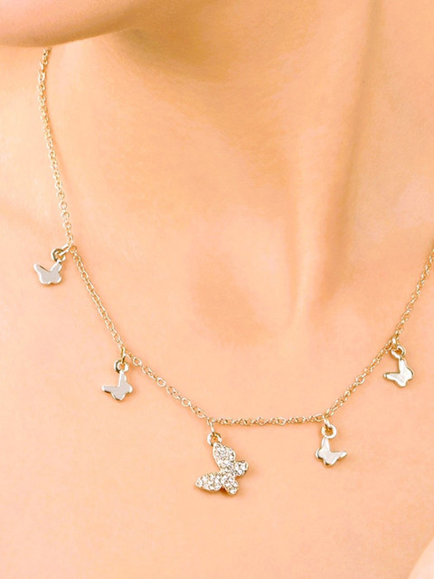 ToniQ Gold-Plated Stones Studded Butterfly Necklace
