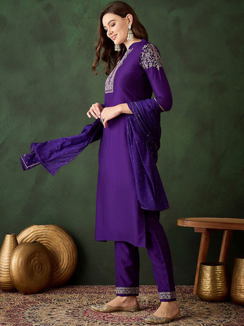 Sangria Embroidered Straight Kurta Trouser With Dupatta - Image 5