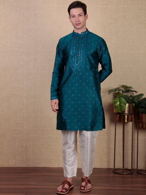 Koshin Floral Woven Design Mandarin Collar Neck Regular Jacquard Art Silk Straight Kurta