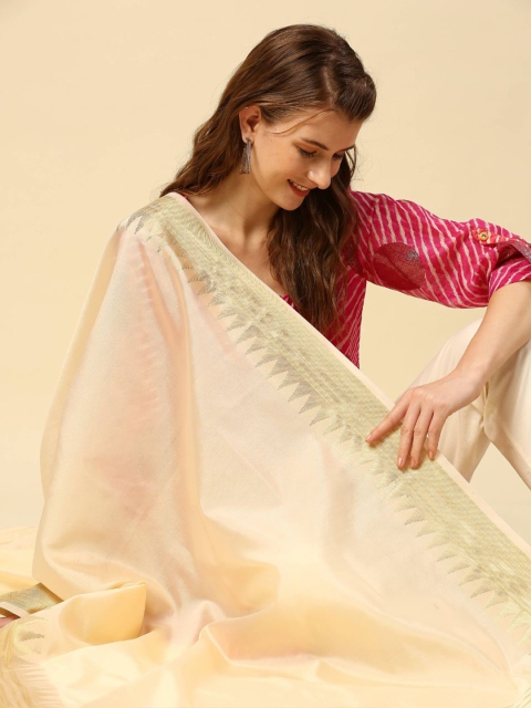 Dupatta Bazaar Women Cream-Coloured & Gold-Toned Solid Dupatta - Image 5
