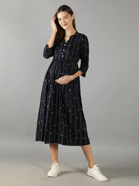 NIGHTSPREE Navy Blue Maternity Empire Midi Dress