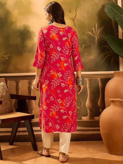 Sangria Floral Printed Round Neck Thread Work Straight Kurta - Image 4
