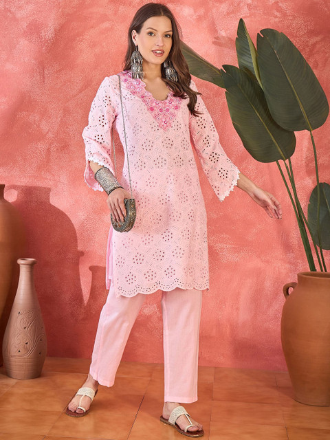 Sangria Chikankari Embroidered 100% Cotton Kurta With Trousers - Image 6