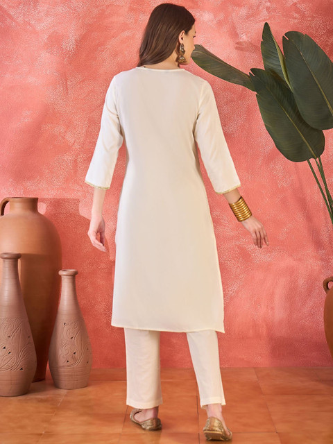 Sangria Floral Yoke Design V-Neck Zari Pure Cotton Straight Kurta - Image 4