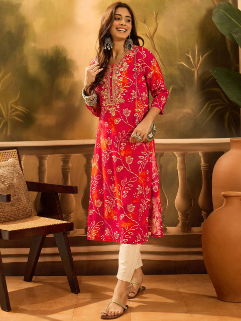 Sangria Floral Printed Round Neck Thread Work Straight Kurta - Image 5