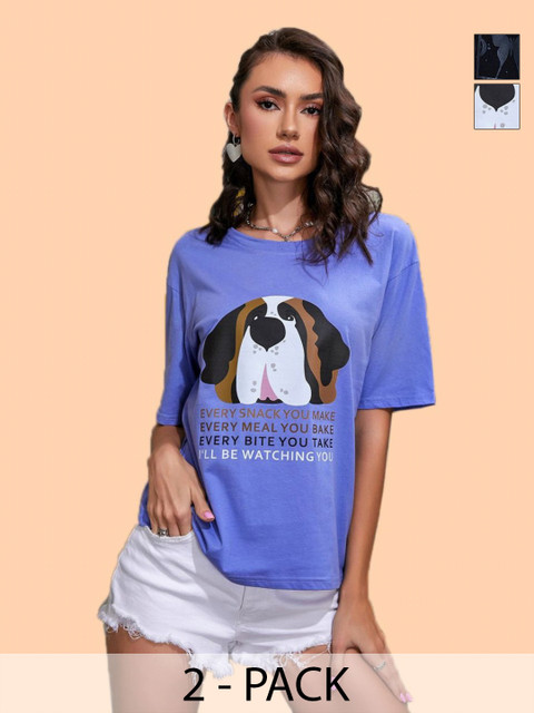 Dreambe Women Pack of 2 Graphic Printed Round Neck Cotton Oversized T-shirts