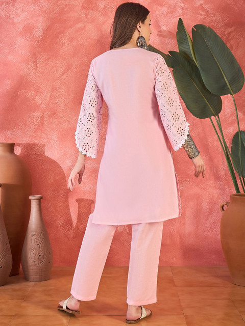 Sangria Chikankari Embroidered 100% Cotton Kurta With Trousers - Image 5