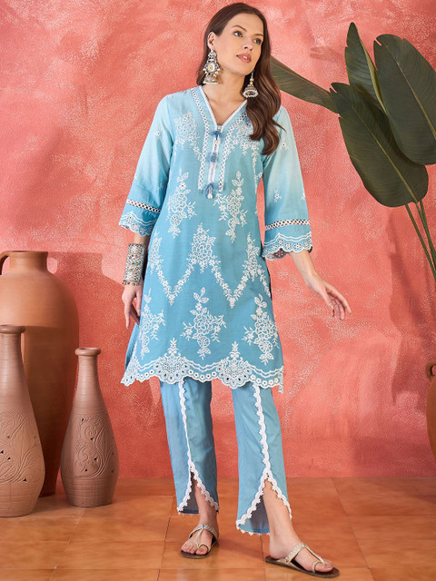 Sangria Floral Embroidered Chikankari V-Neck Pure Cotton Straight Kurta With Trousers