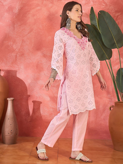 Sangria Chikankari Embroidered 100% Cotton Kurta With Trousers - Image 4