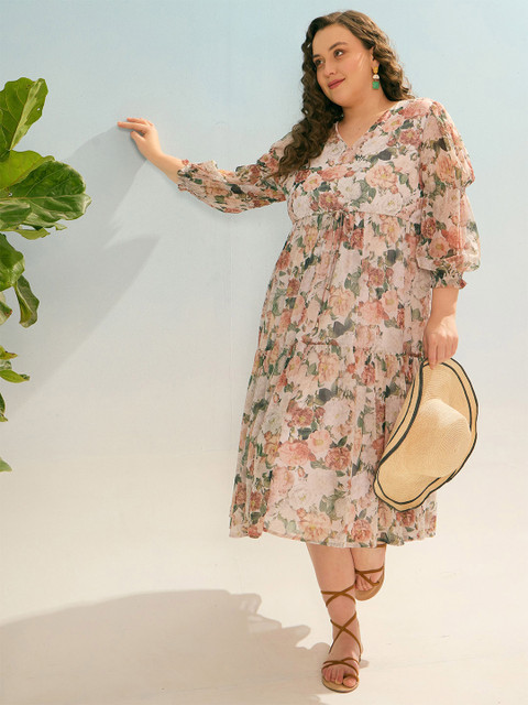 SASSAFRAS Curve Women Plus Size Floral Printed Tiered Georgette Empire Midi Dress