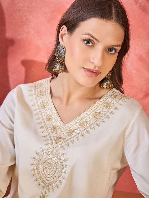 Sangria Floral Yoke Design V-Neck Zari Pure Cotton Straight Kurta - Image 2