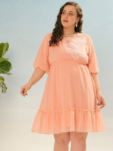 SASSAFRAS Women Plus Size Self Design Bell Sleeves Applique Empire Above Knee Dress