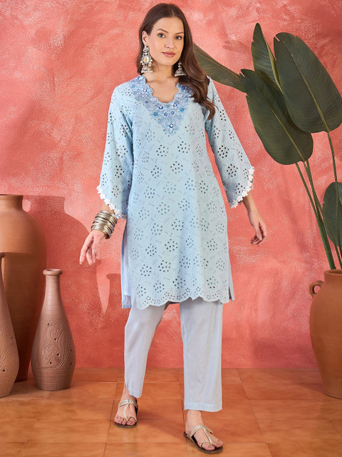 Sangria Floral Schiffli Embroidered Thread Work Pure Cotton Straight Kurta With Trousers