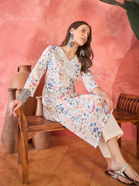 Sangria Floral Printed V-Neck Straight Kurta