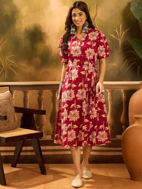 Sangria Women Floral Printed Pure Cotton Fit and Flare Midi Ethnic Dress
