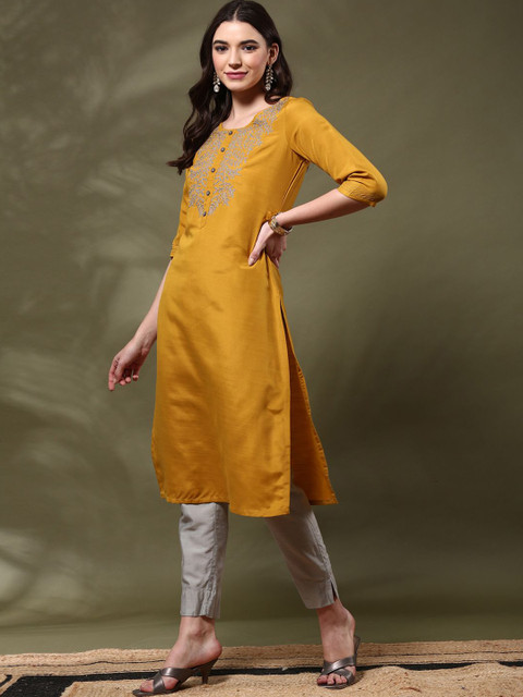 Anouk Floral Yoke Design Round Neck Thread Work Straight Kurta - Image 4