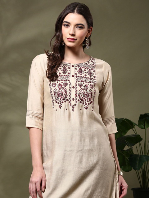 Anouk Floral Yoke Design Round Neck Thread Work Straight Kurta