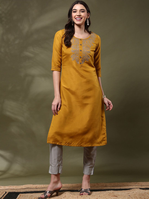Anouk Floral Yoke Design Round Neck Thread Work Straight Kurta - Image 6