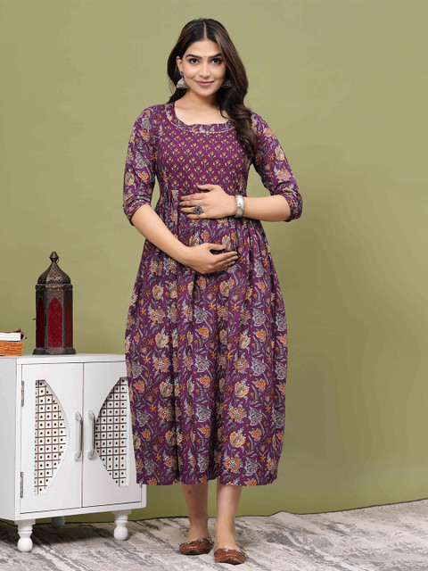 BAESD Floral Print Cotton Round Neck Maternity Maxi Dress
