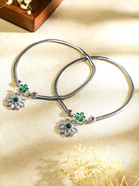 Rubans Set of 2 Oxidised Silver-Plated Ruby & Emerald Kundan Stones Floral Charm Anklets