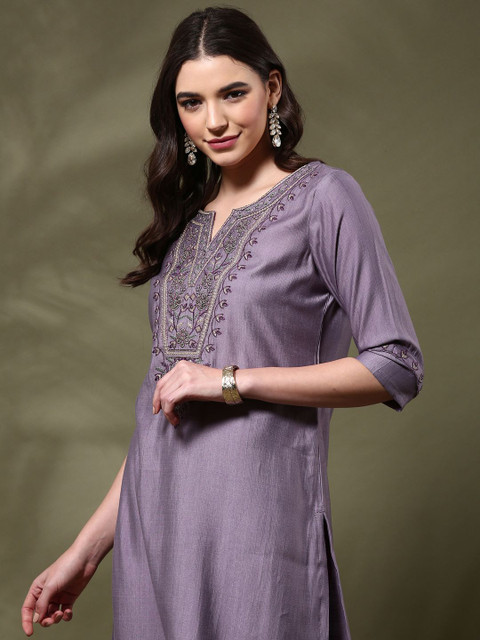 Anouk Floral Yoke Design Notch Neck Thread Work Straight Kurta