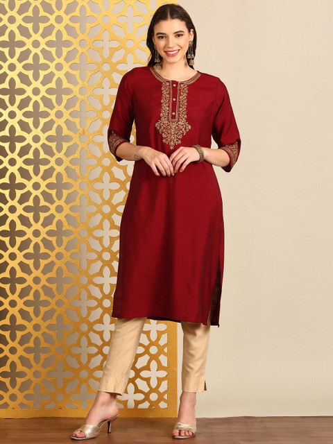 Anouk Embroidered Thread Work Round Neck Straight Kurta