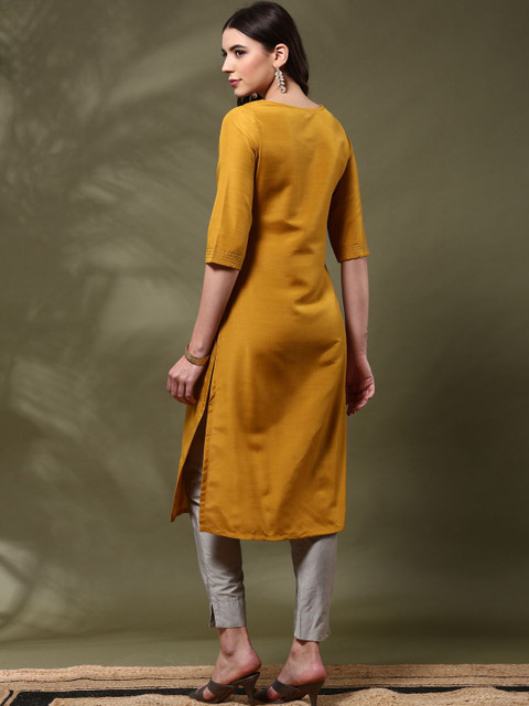 Anouk Floral Yoke Design Round Neck Thread Work Straight Kurta - Image 5