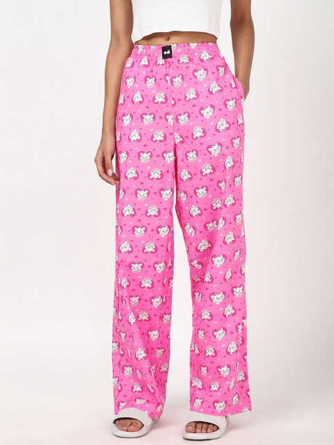 Bewakoof Official Disney Merchandise Marie Pink All Over Printed Wide Leg Lounge Pants