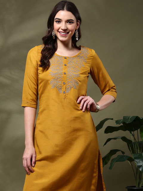Anouk Floral Yoke Design Round Neck Thread Work Straight Kurta