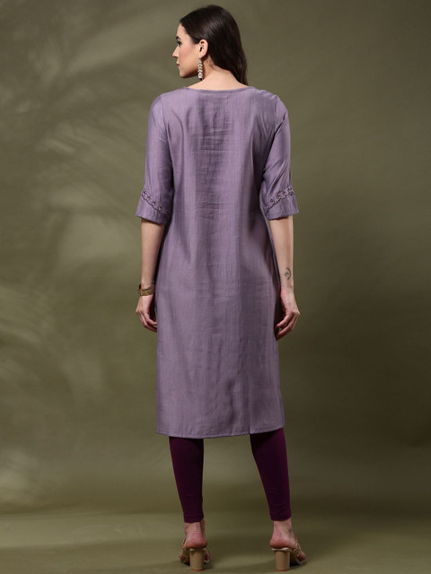 Anouk Floral Yoke Design Notch Neck Thread Work Straight Kurta - Image 5