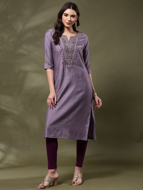 Anouk Floral Yoke Design Notch Neck Thread Work Straight Kurta - Image 6