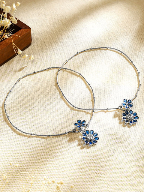 Rubans Set of 2 Oxidised Silver-Plated Blue Kundan Floral Charm Anklets