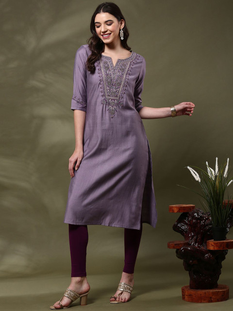 Anouk Floral Yoke Design Notch Neck Thread Work Straight Kurta - Image 7