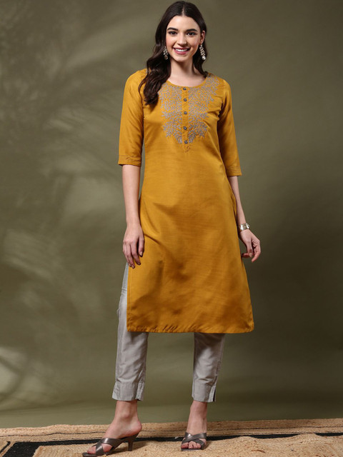 Anouk Floral Yoke Design Round Neck Thread Work Straight Kurta - Image 2